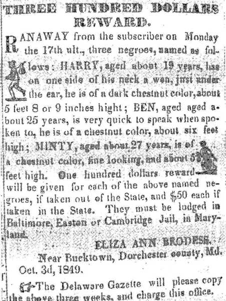 Anúncio publicado no jornal Democrat, de Cambridge, oferecendo trezentos dólares de recompensa por Araminta (Minty) e seus irmãos Harry e Ben