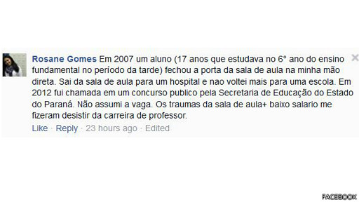 Rosane Gomes foi uma das professoras que contou via redes sociais ter sofrido agressão de alunos