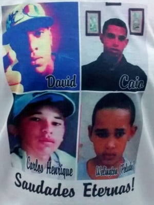 Detalhe de camiseta com fotos de quatro das cinco vítimas de acidente (Foto: Isabella Calzolari/G1)