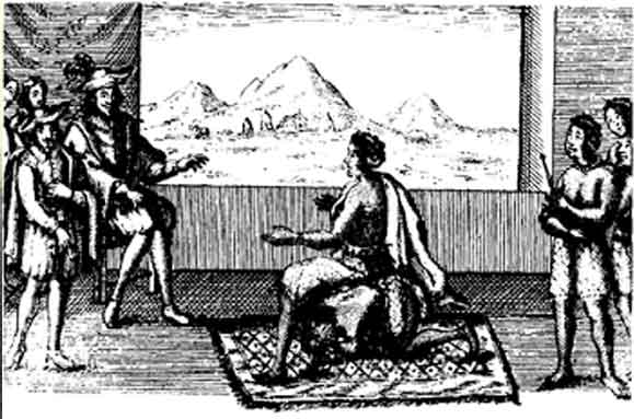 Rainha Ginga em negociação de paz com o governador português em Luanda, 1657.