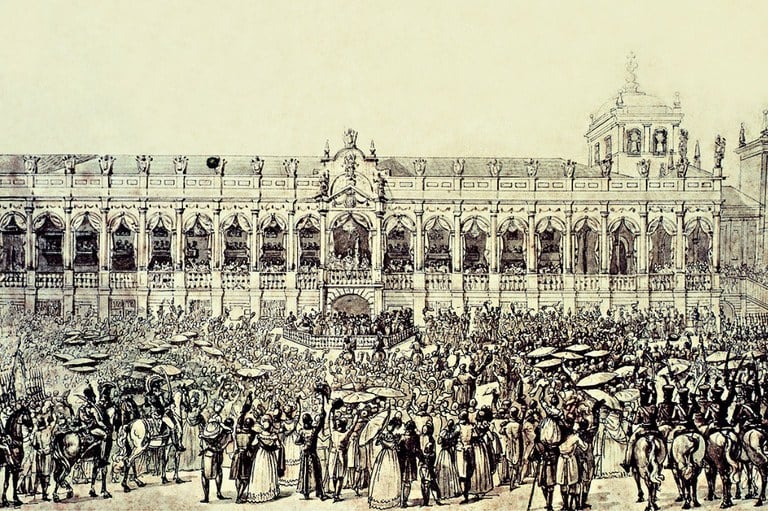 A aclamação de D.João VI, da monocromática aquarela à água-forte colorida por litógrafo, em 1818