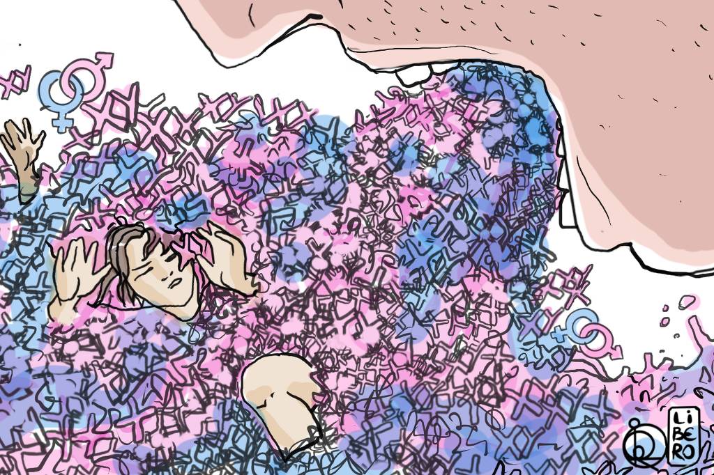 ilustração de uma mulher sendo "esmagada" por símbolos de ideologias de gênero
