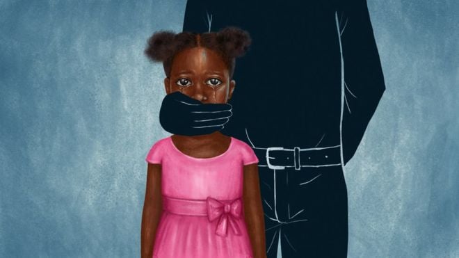 Ilustração de uma menina negra chorrando e um homem vestido todo de preto tampando a sua boca