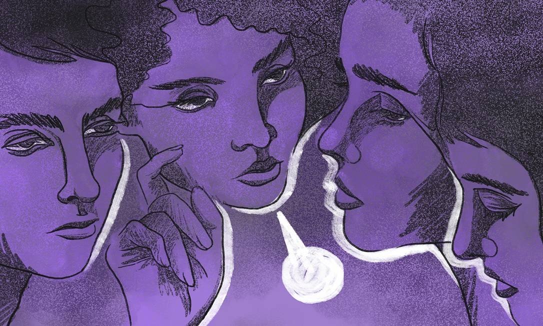 Arte, em tons diferentes de roxo, de quatro mulheres